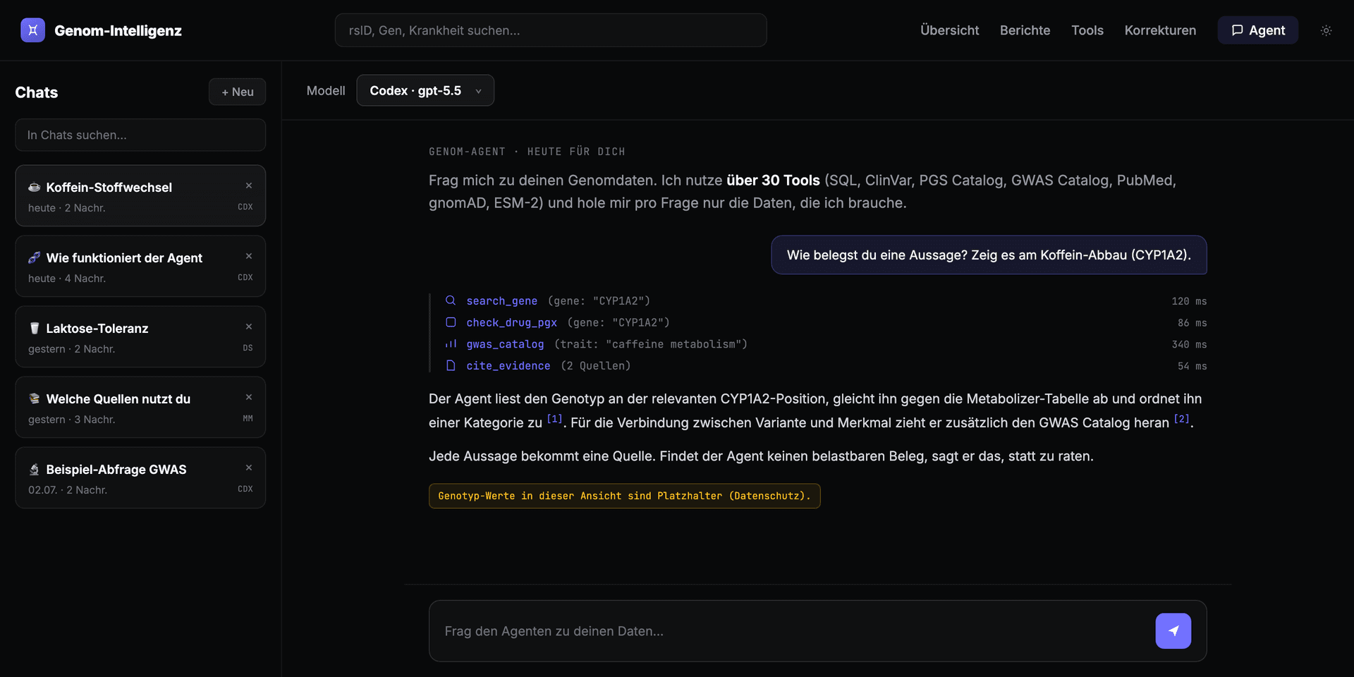 Genom-Intelligenz: Agent-Chat mit Tool-Aufrufen und Quellenangaben. Genotyp-Werte in dieser Ansicht sind Platzhalter.
