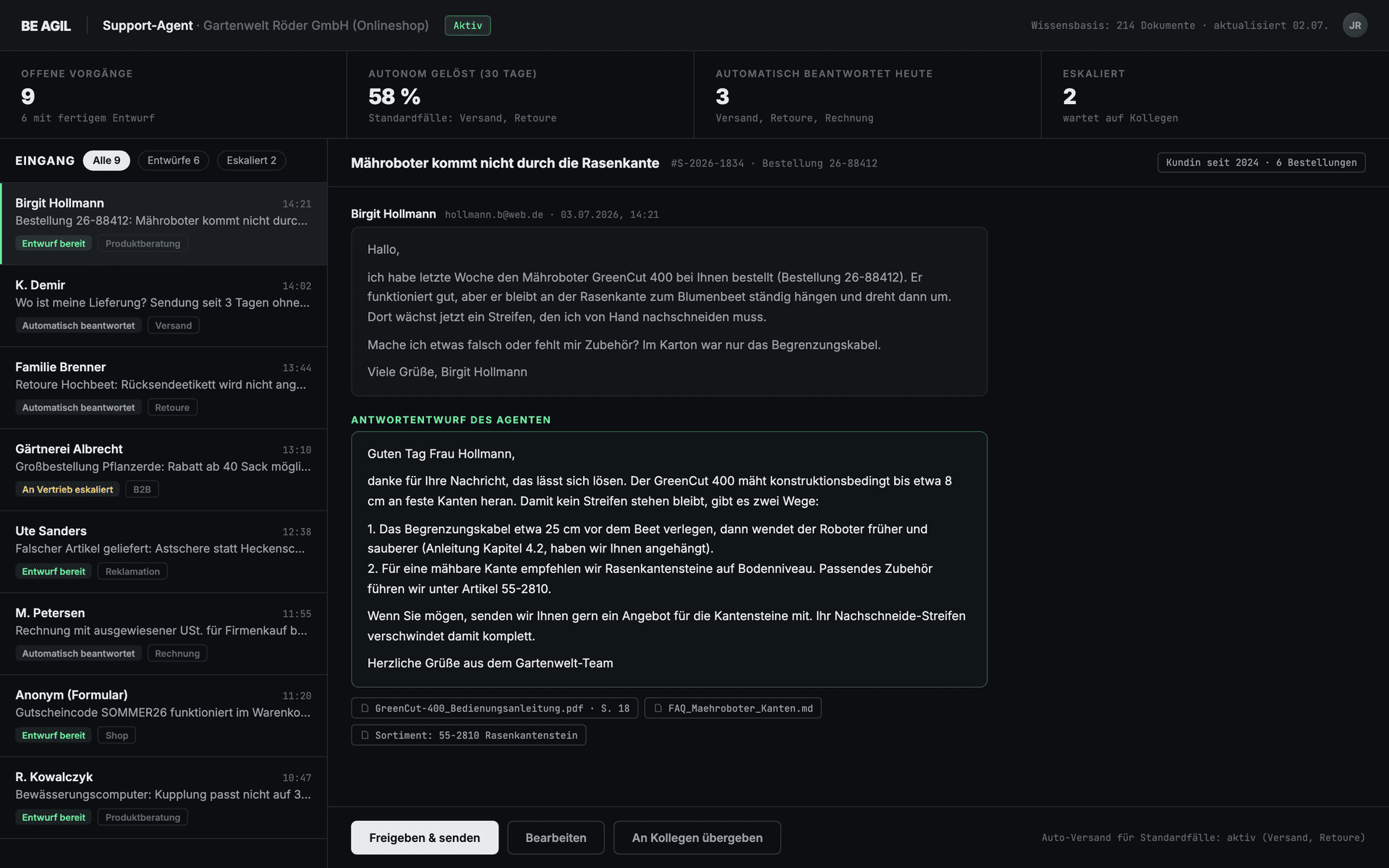 Support-Agent Dashboard: Kundenanfrage mit Antwortentwurf und Quellen aus der Wissensbasis