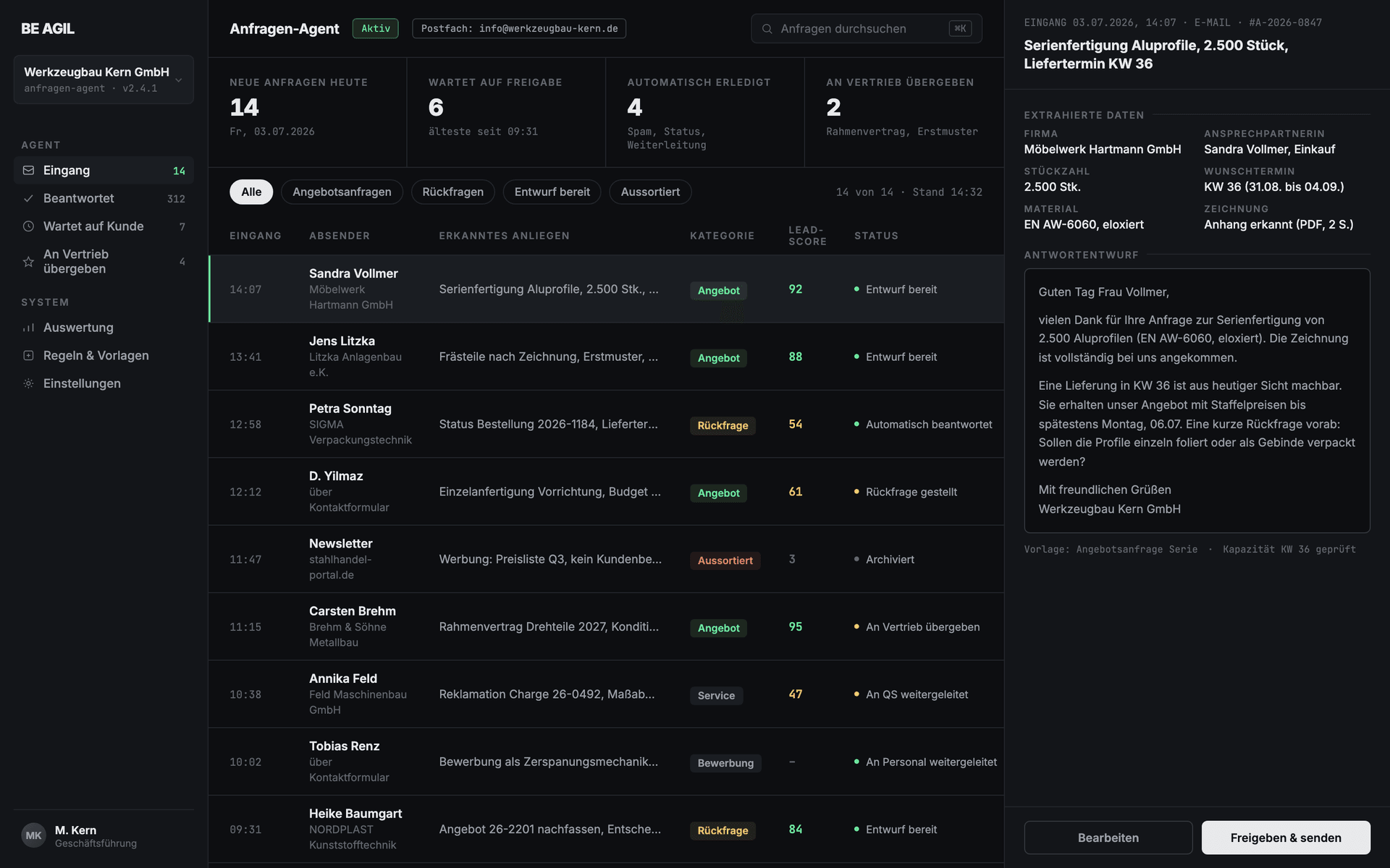 Inquiry Agent dashboard: incoming inquiries with lead score, extracted data and drafted reply