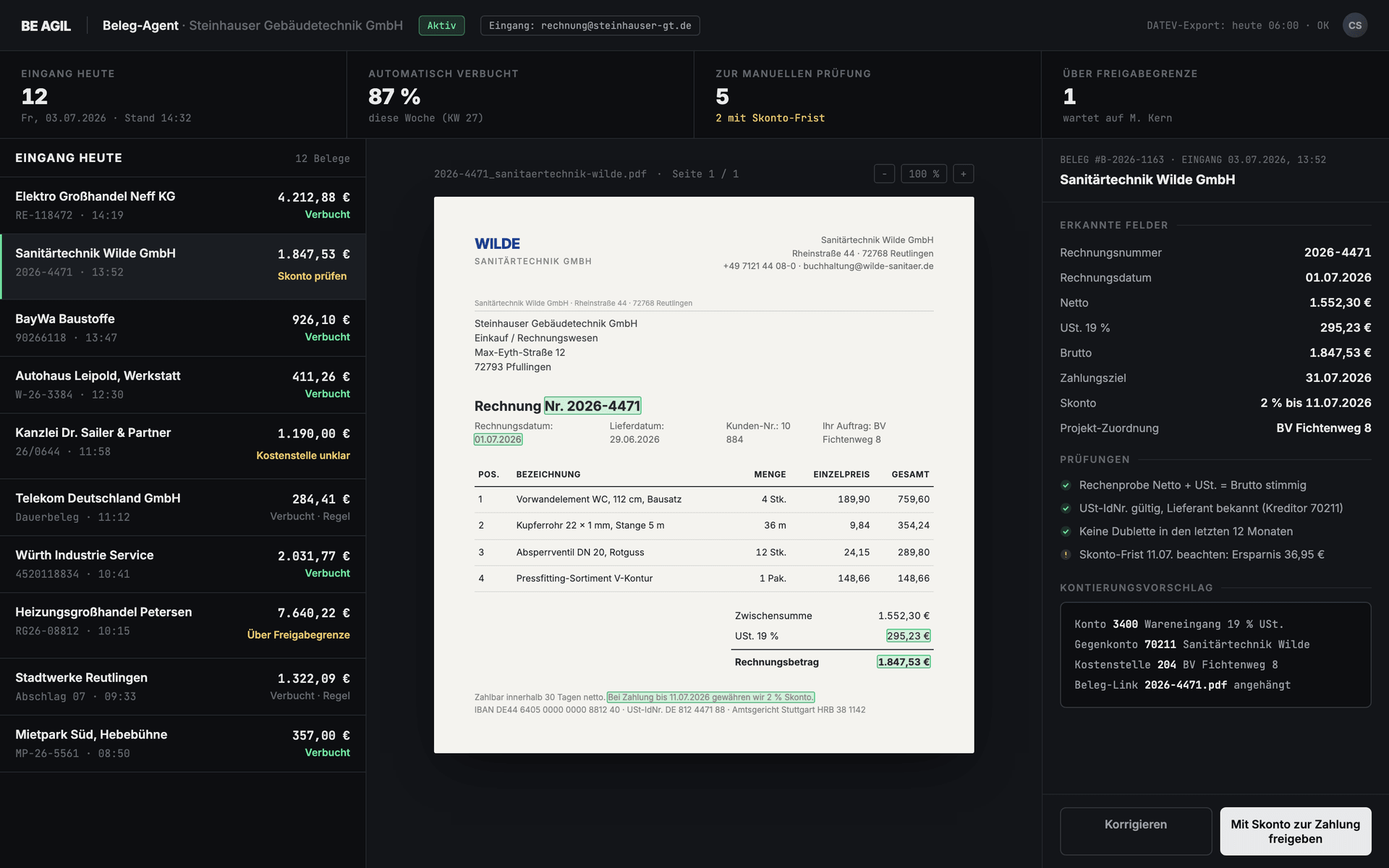 Invoice Agent dashboard: invoice with detected fields, checks and coding suggestion