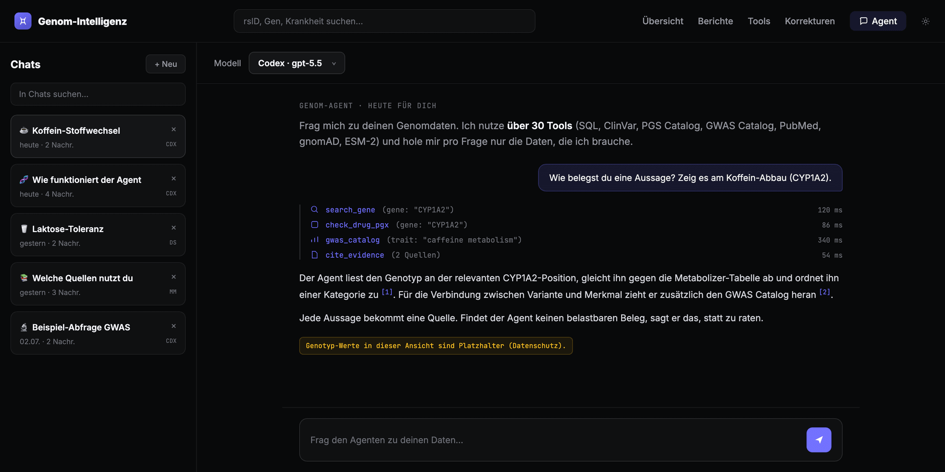 Genome Intelligence: agent chat with tool calls and source citations. Genotype values in this view are placeholders.