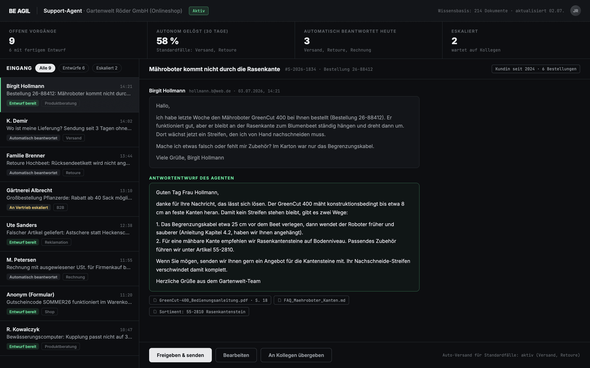 Support Agent dashboard: customer inquiry with drafted reply and sources from the knowledge base